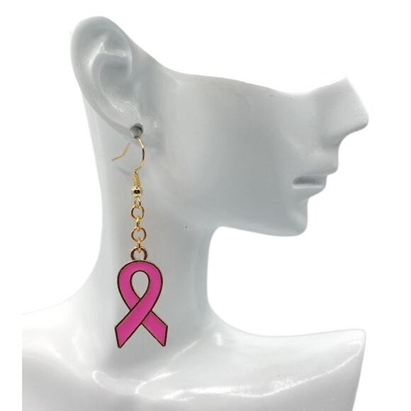 Pink Ribbon Awareness Earrings Gold Tone Dangles - Picture 2 of 4
